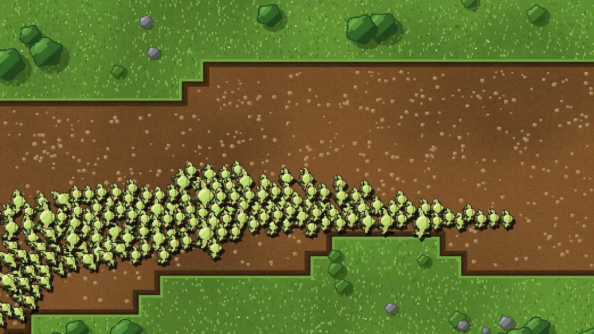 A dense column of green enemies advances along a dirt route bordered by grass in Horde Defenders.