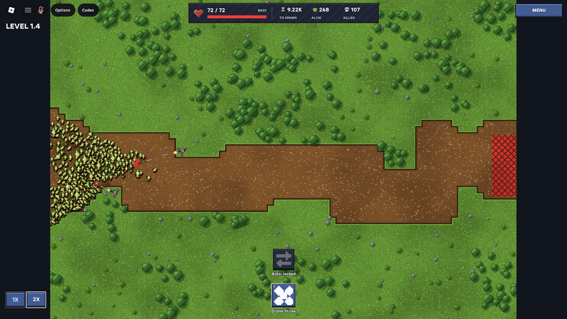 Horde Defenders Level 1.4 gameplay, with towers firing at a swarm along a grassy route and the game interface visible.